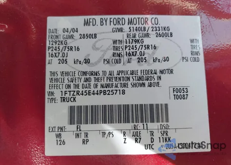 2004 Ford Ranger Edge/Tremor/Xlt из США, поврежденный, VIN 1FTZR45E44PB25718